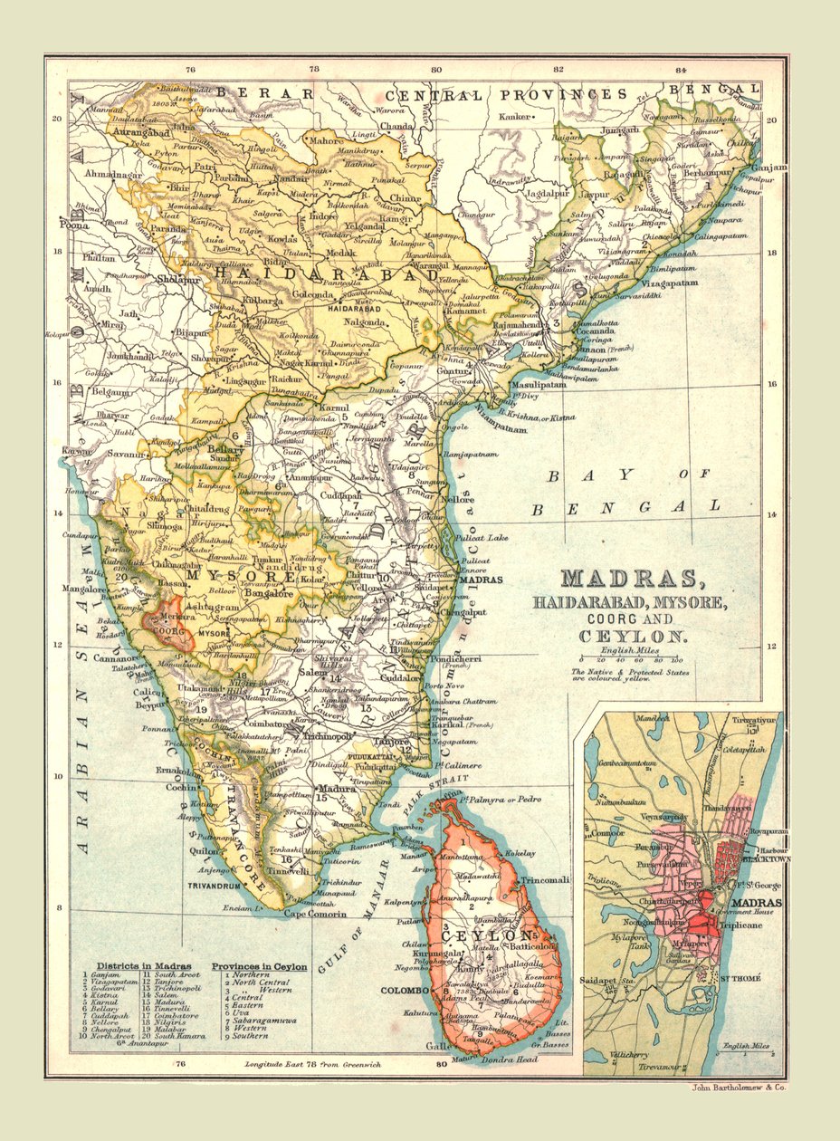 Karte von Madras, Hyderabad, Mysore, Coorg und Ceylon von Unbekannt
