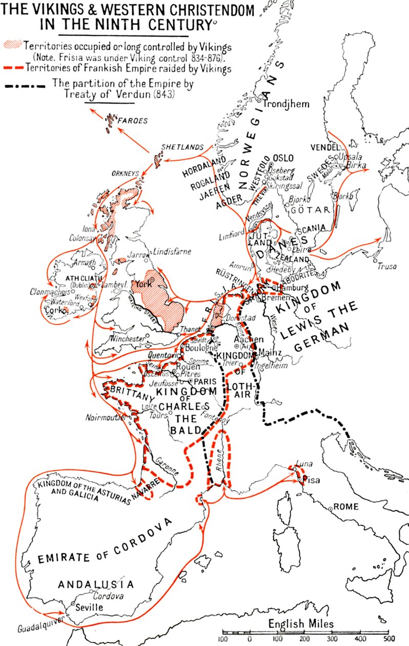 Karte der Wikinger und des westlichen Christentums im 9. Jahrhundert, 1935 von Unbekannt