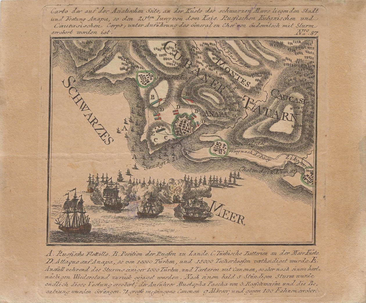 Karte der Eroberung der Seefestung Anapa durch russische Truppen am Schwarzen Meer im Juni 1791, 1791 von Unbekannt