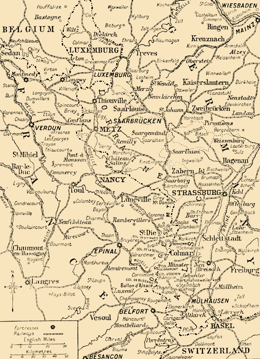 Karte, die die Grenze zwischen Frankreich und Deutschland zeigt, Erster Weltkrieg, ca. 1915, ca. 1920 von Unbekannt