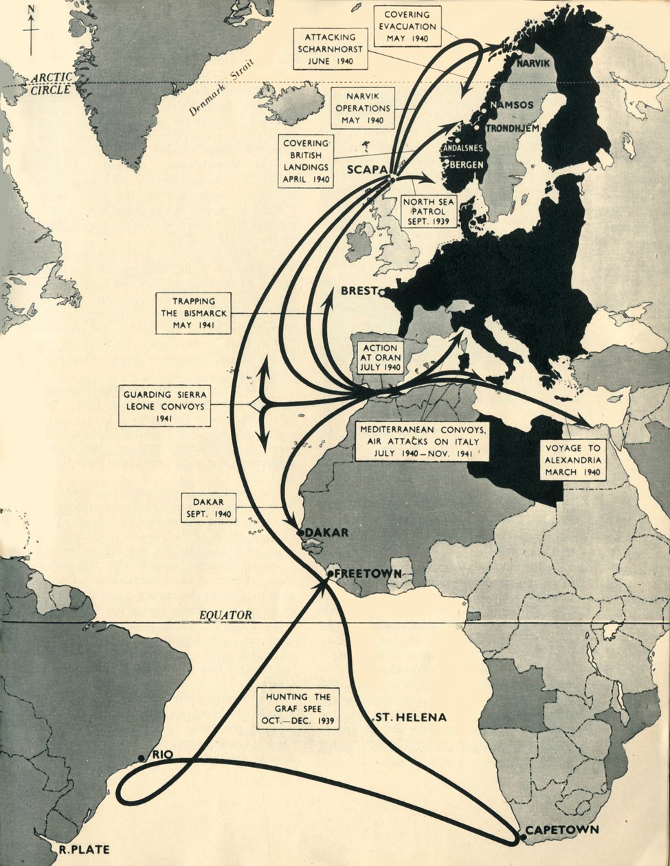 Karte mit den Bewegungen der HMS Ark Royal, 1939-1941, 1942 von Unbekannt