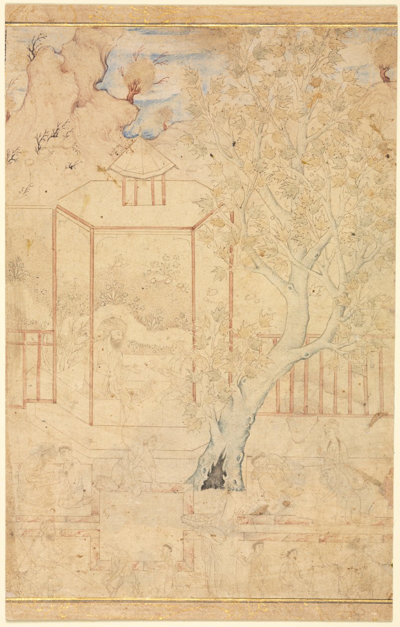 Meister und Schüler in einem Gartenpavillon, Einzelblatt-Illustration, um 1570-1590er Jahre von Unbekannt