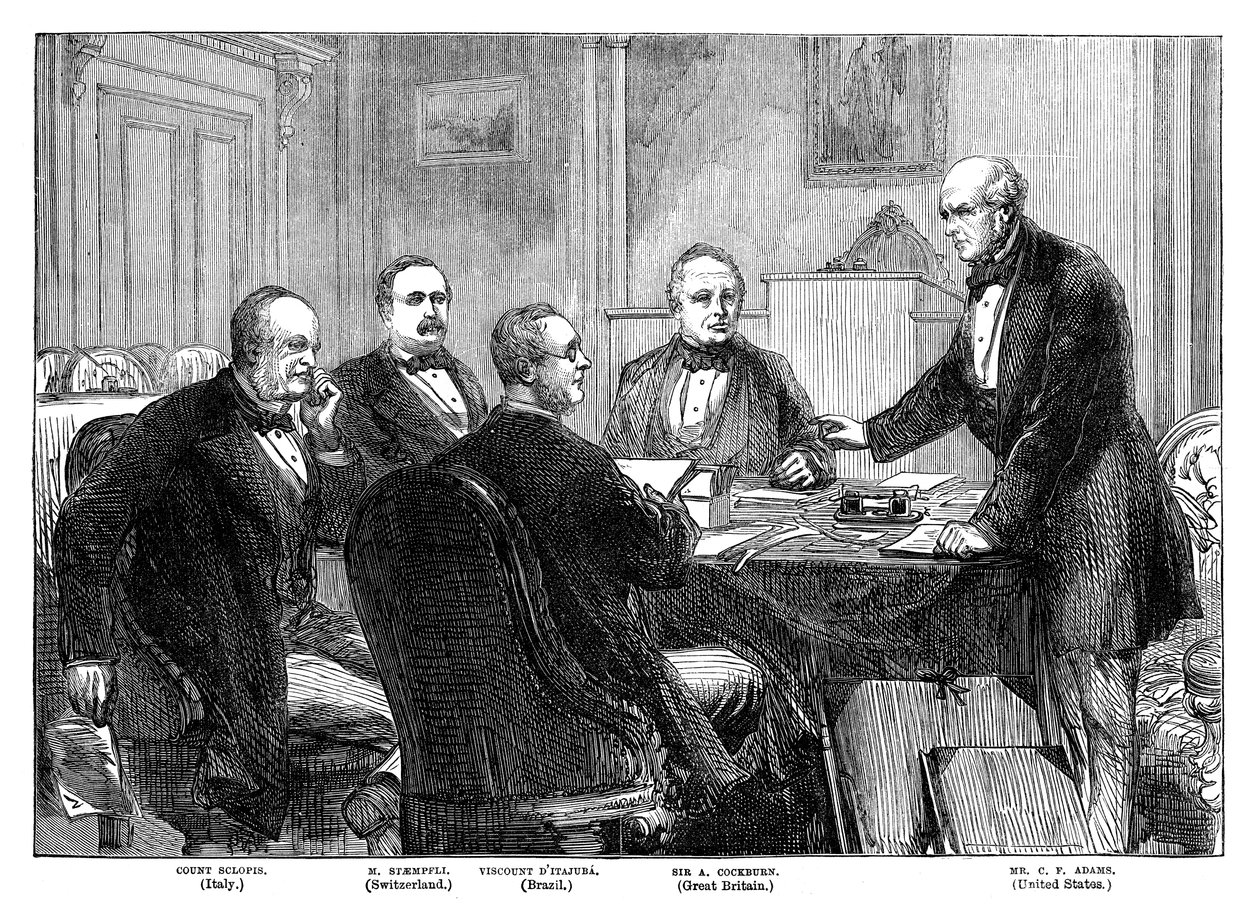 Treffen der Schiedsrichter zu den Alabama-Ansprüchen in Genf, 1871, späte 19. Jahrhundert von Unbekannt
