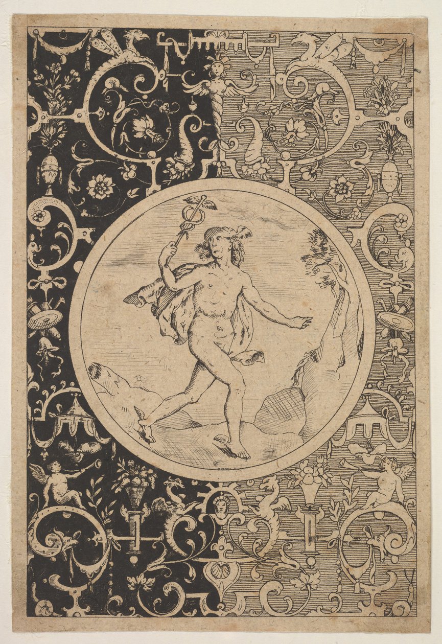 Merkur in einem dekorativen Rahmen mit Grotesken, ca. 1600-1630 von Unbekannt