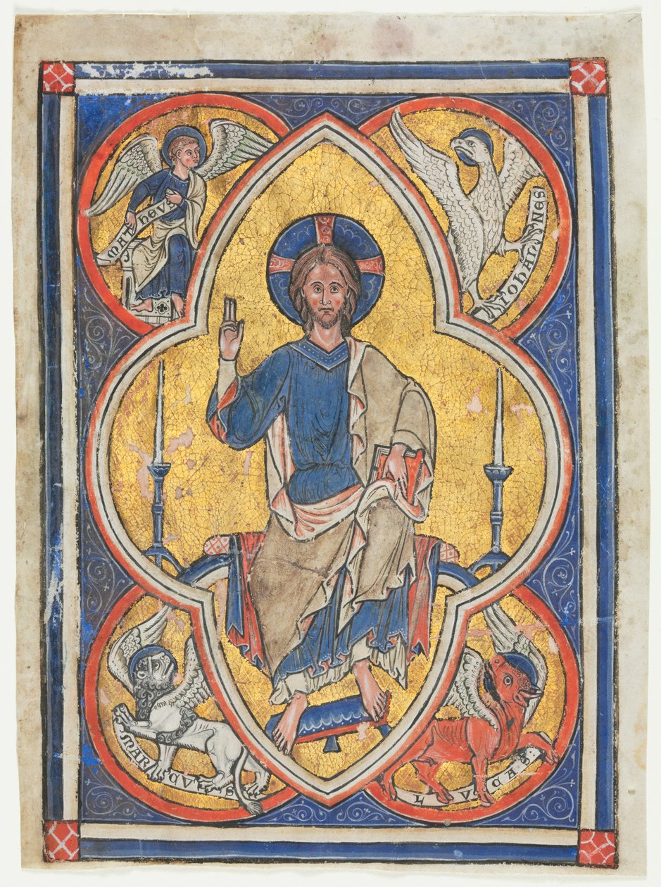 Miniatur aus einem Psalter: Christus in Majestät mit Symbolen der vier Evangelisten, ca. 1235 von Unbekannt