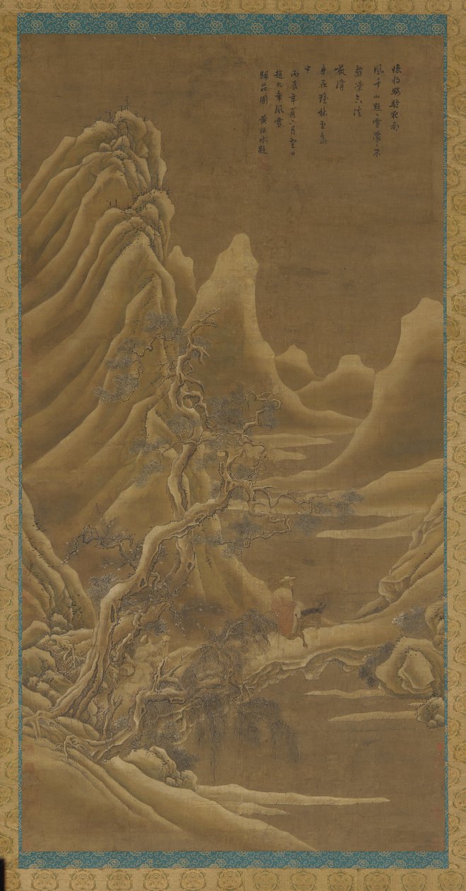 Berge, ein Fluss und Kiefern - ein Mann auf einem Esel, Qing-Dynastie, 17. Jahrhundert von Unbekannt