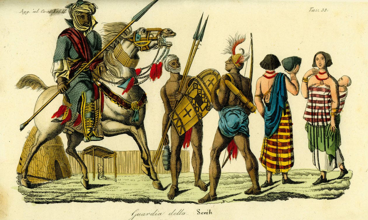 Berittener Leibwächter des Scheichs von Bornu zusammen mit Kanembu-Lanzenträger und Munga-Bogenschütze, Kanem-Bornu-Reich von Unbekannt