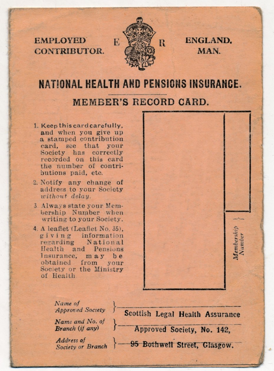 National Health and Pensions Insurance Card: Mitgliederkarte, ca. 1930er von Unbekannt