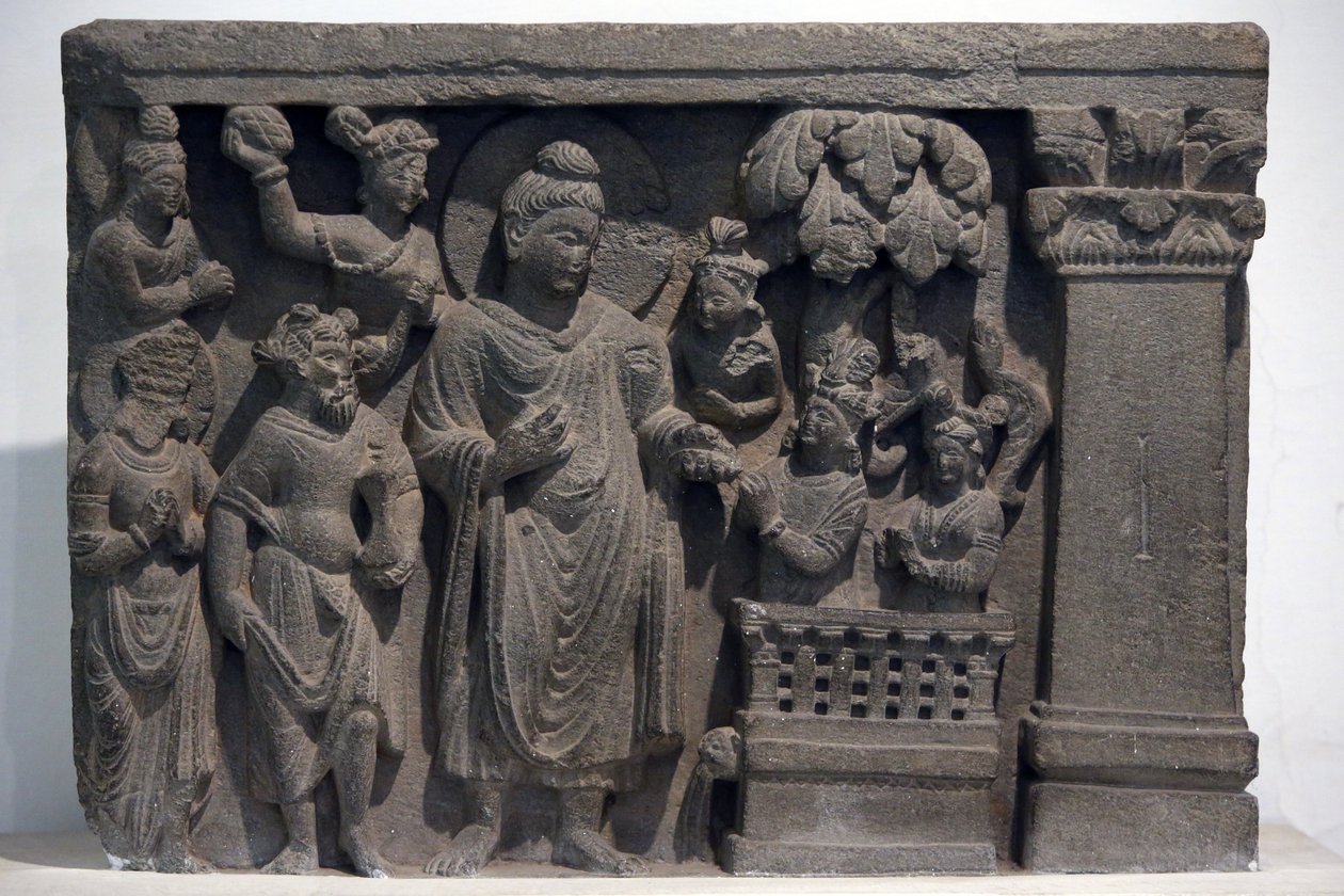Nationalmuseum von Indien, Delhi. Buddha mit Naga-Kalika. Gandhara, 2. Jahrhundert n. Chr., Stein. Leihgabe des Mayo College Museums, Ajmer. Indien von Unbekannt