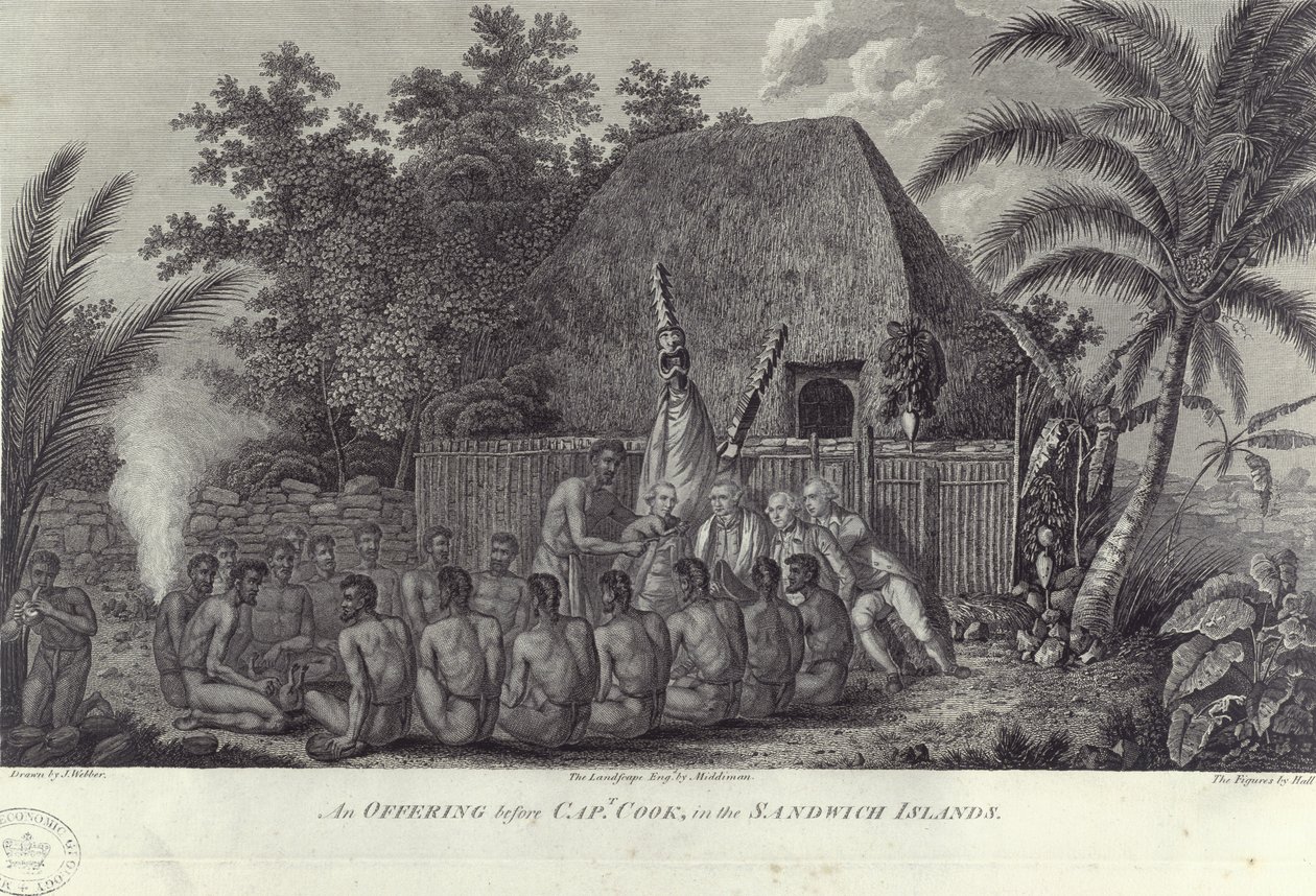 Eingeborene der Sandwichinseln, Hawaii, schlachten Schweine vor Kapitän Cook, ca. 1778 von Unbekannt
