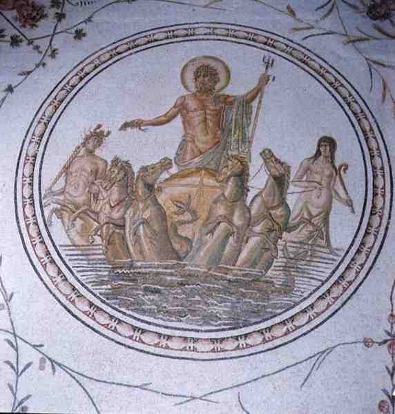 Neptun auf seinem Wagen, mit Hippokampen und Tritonen (Mosaik) von Unbekannt