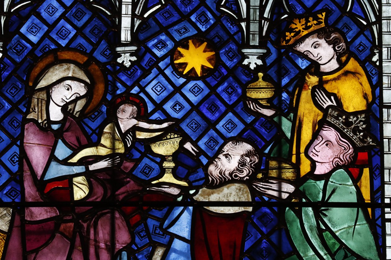 Unsere Liebe Frau von Straßburg Kathedrale. Buntglasfenster. Die Geburt Christi. Anbetung der Heiligen Drei Könige. 14. Jahrhundert. Straßburg. Frankreich. von Unbekannt