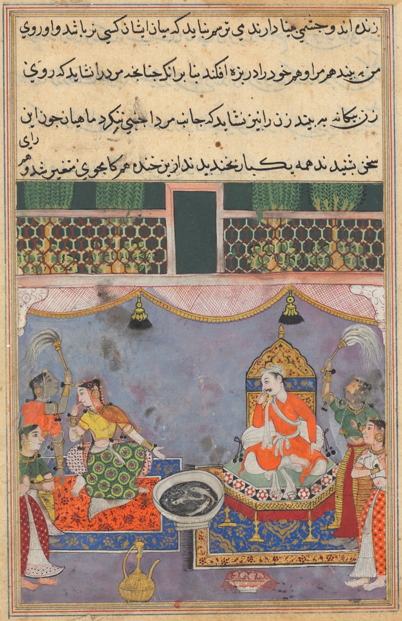 Seite aus Geschichten eines Papageis Tuti-nama: Dreiundzwanzigste Nacht: Kamjuy..., ca. 1560 von Unbekannt