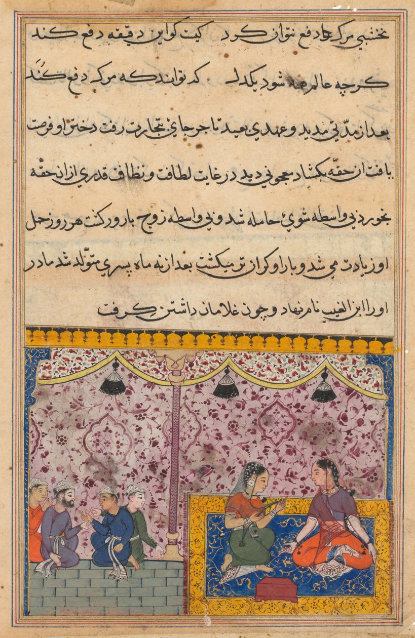 Seite aus Geschichten eines Papageis Tuti-nama: Dreiundzwanzigste Nacht: Die Tochter des Kaufmanns..., ca. 1560 von Unbekannt