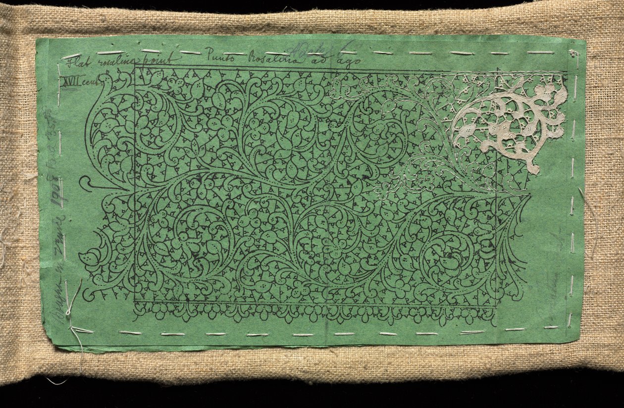 Muster für Spitze mit kleinem Abschnitt venezianischer Flachspitze, 17. Jahrhundert von Unbekannt