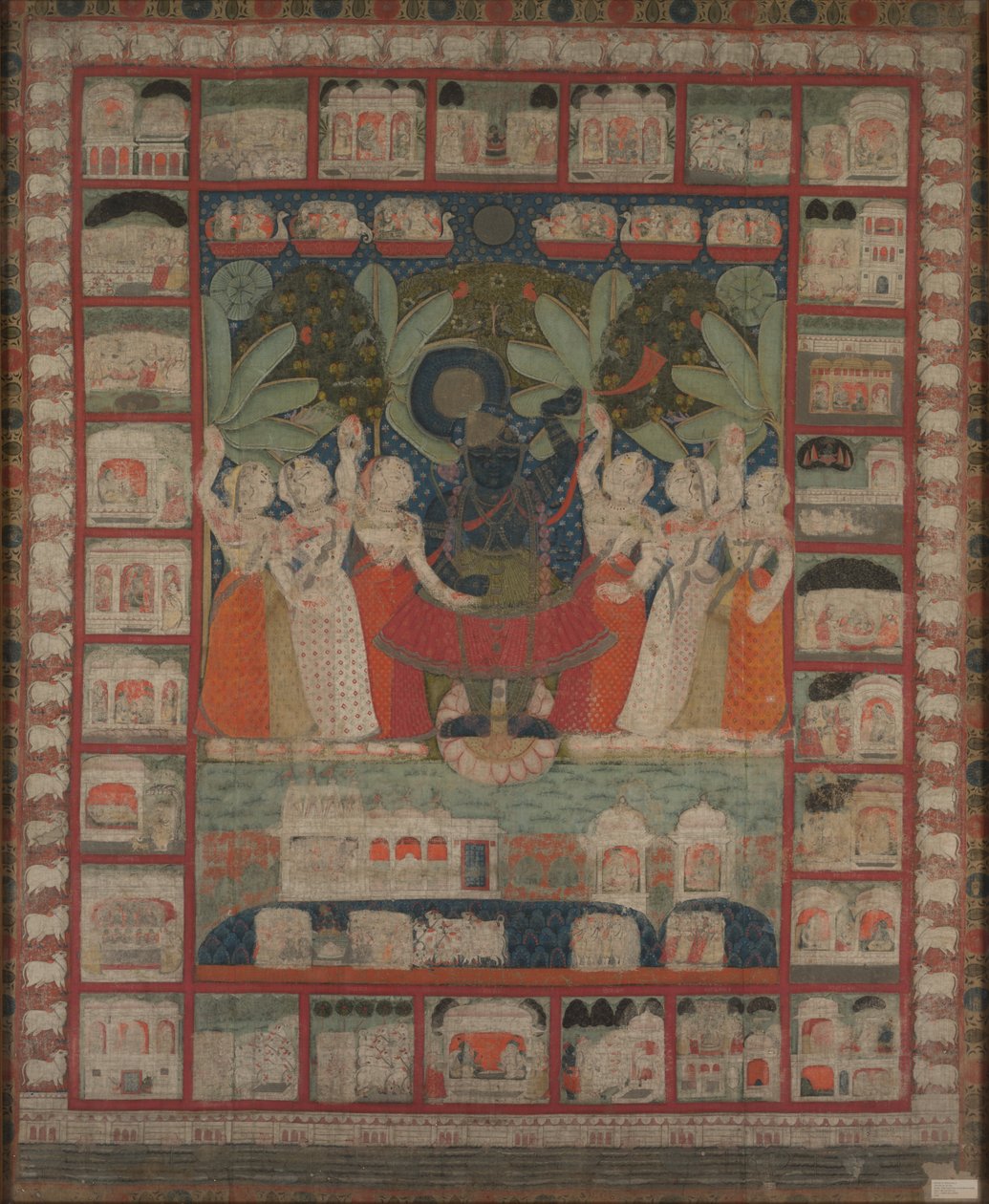 Pichvai-Wandbehang mit der Verehrung von Shri Nathaji, 1825-1850 von Unbekannt