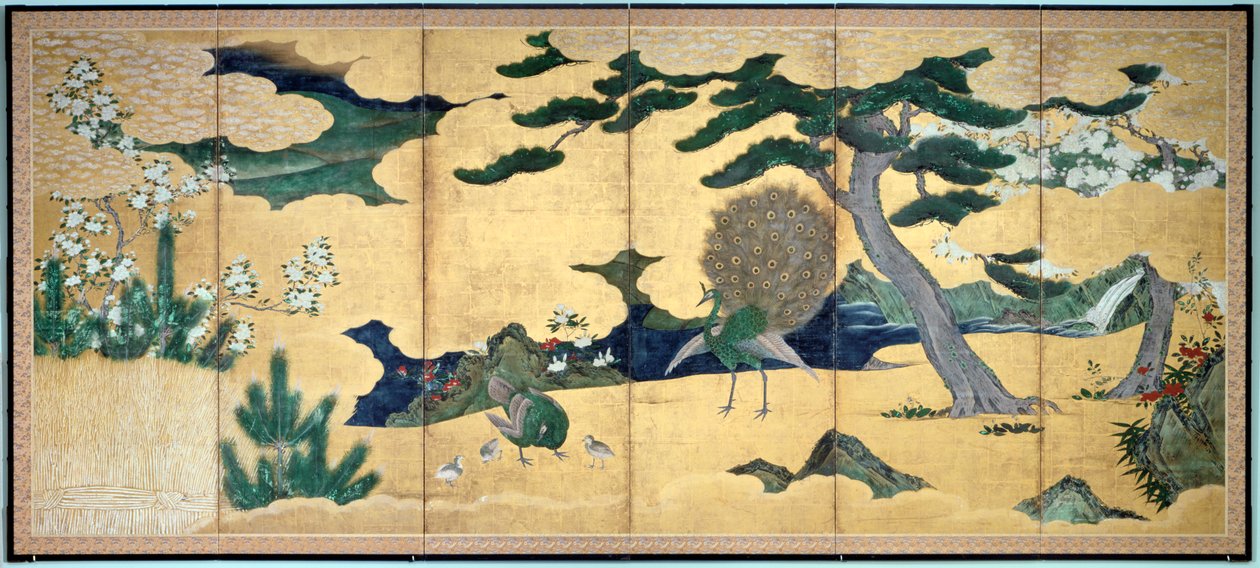 Kiefern und Pfauen, japanische Edo-Zeit, frühes 17. Jahrhundert von Unbekannt