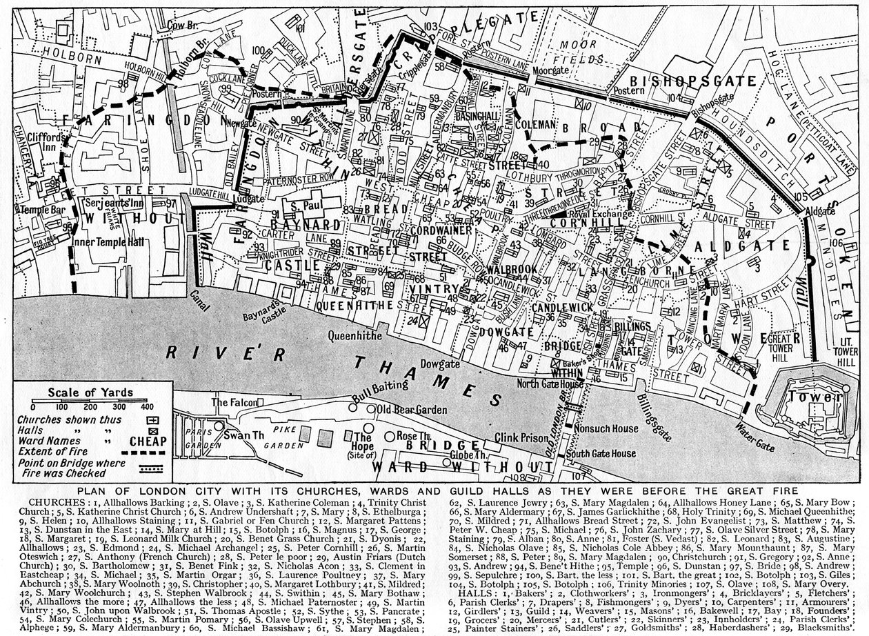 Plan der Stadt London mit Kirchen, Bezirken und Zunfthallen, 1926-1927 von Unbekannt