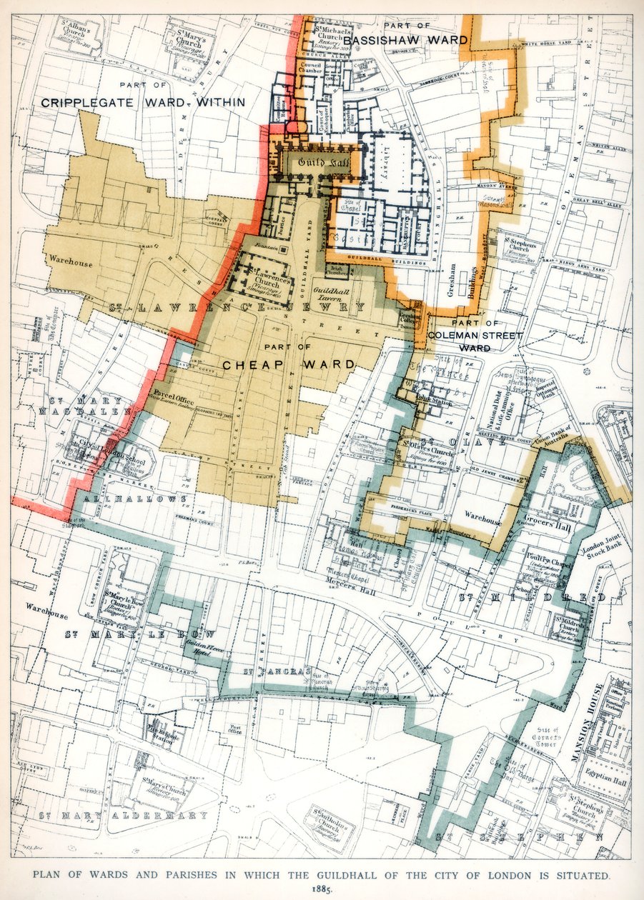 Plan der Bezirke und Pfarreien, in denen sich die Guildhall der Stadt London befindet, 1886 von Unbekannt