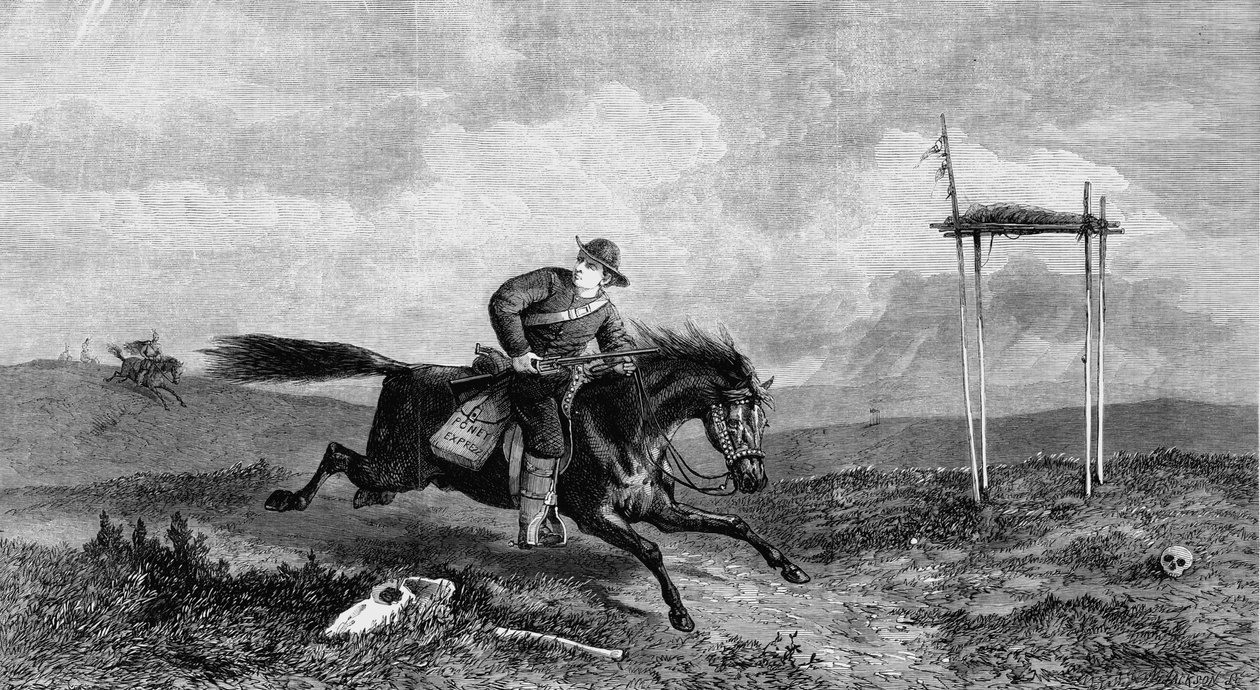 Pony-Express-Reiter überquert feindliches Gebiet, verfolgt von amerikanischen Ureinwohnern, 1861 von Unbekannt