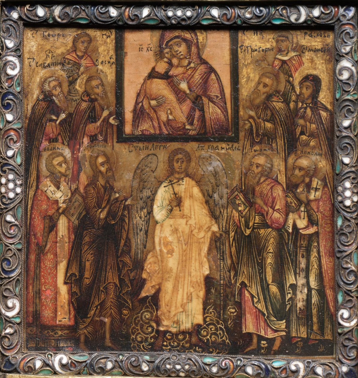 Tragbares Triptychon-Ikone: Anbetung der wundertätigen Ikone der Muttergottes von Wladimir, 1600er von Unbekannt