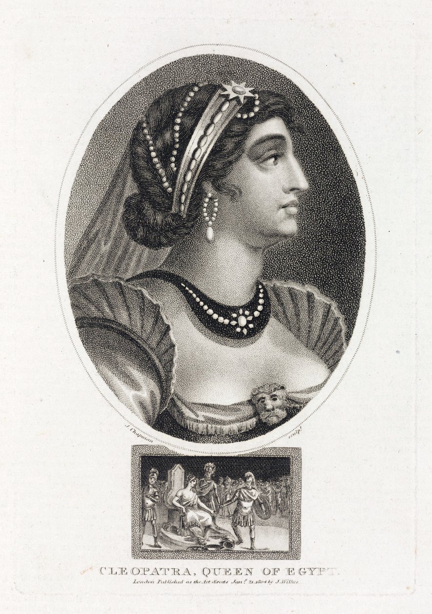 Porträt von Kleopatra (Thea Philopator, 69-30 v. Chr.), mit einer Szene, die ihren Aufstieg auf den Thron von Ägypten beschreibt, umgeben von römischen Legionären von Unbekannt