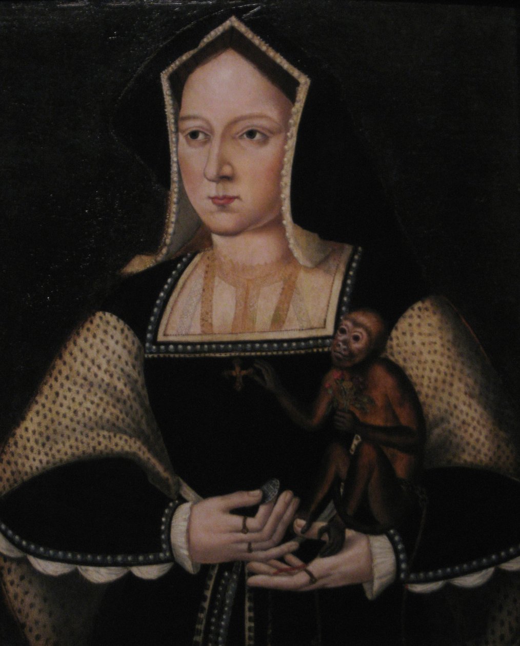Porträt von Katharina von Aragon mit ihrem Haustieraffen, Kopie nach Lucas Horenbout, ca. 1530 von Unbekannt