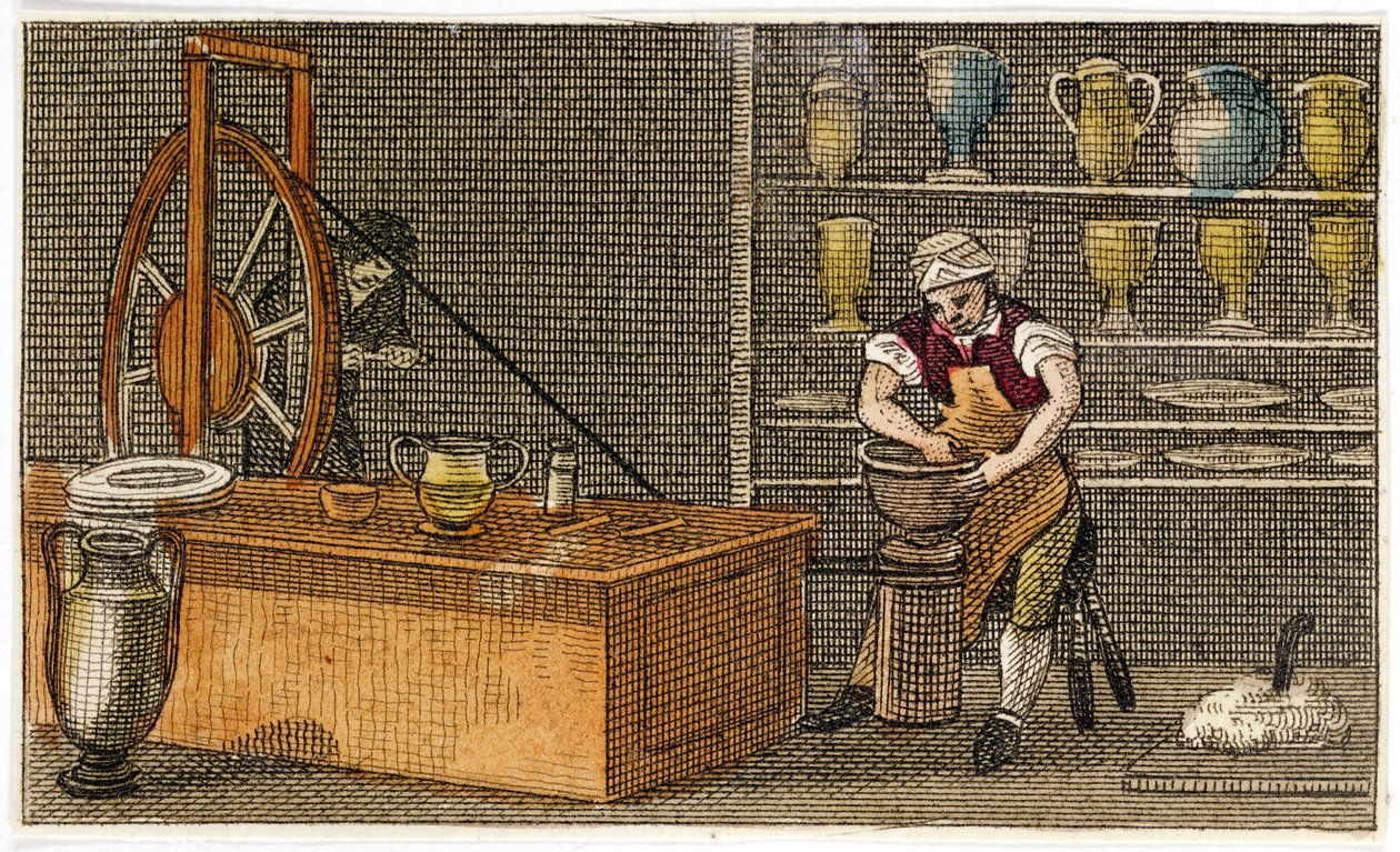 Töpfer bei der Arbeit in der Wedgwoods Etruria Fabrik, Hanley, Staffordshire, ca. 1830 von Unbekannt