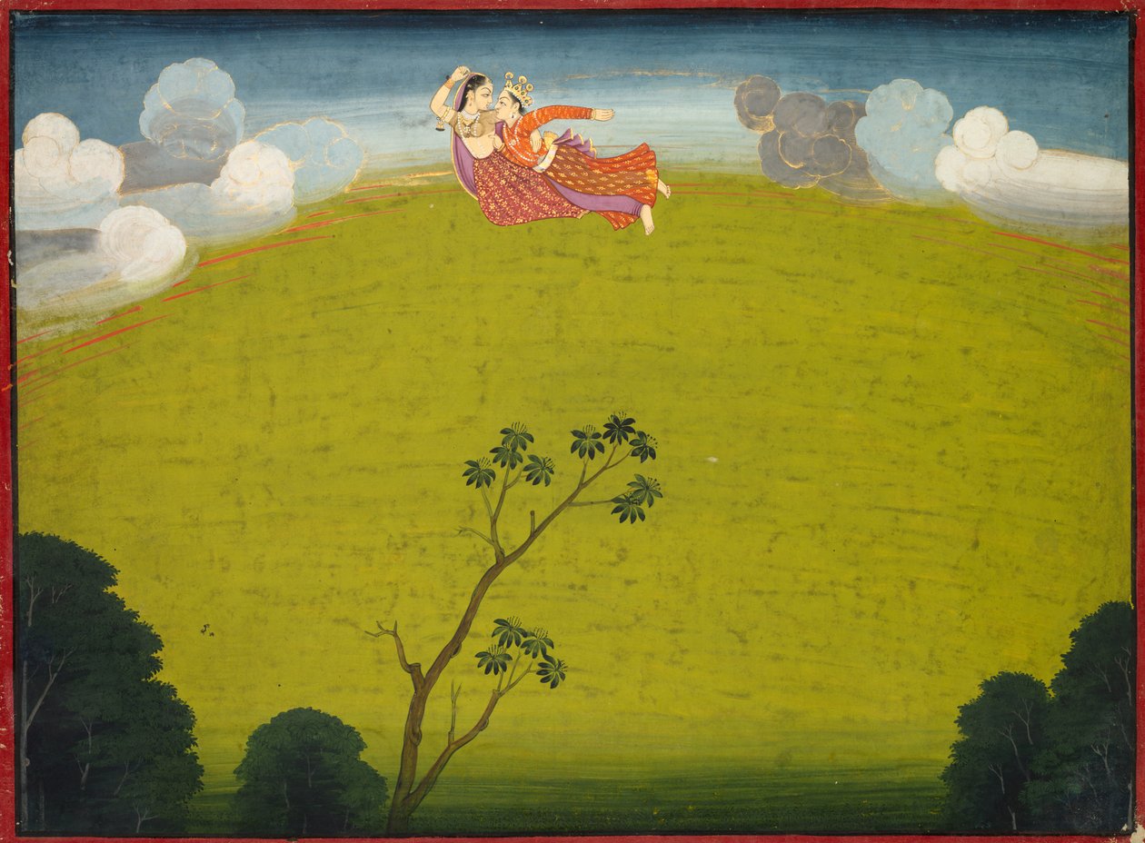Pradyumna und Mayavati fliegen nach Dvaraka, aus dem Großen Basohli Bhagavata Purana, ca. 1760-1765 von Unbekannt