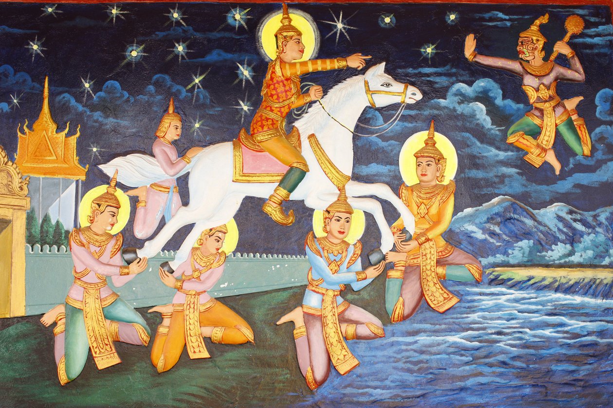 Preah Prom Rath Kloster, Siddhartha Gautama wanderte allein im Palast, Die einstigen Luxusgüter erschienen ihm nun grotesk, Siem Reap, Kambodscha von Unbekannt