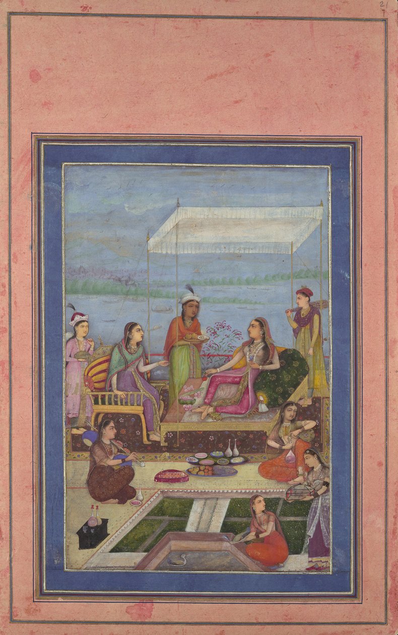 Prinzessin unterhält einen Besucher auf dem Balkon, Folio aus dem Davis-Album, Mitte 2. Hälfte des 17. Jahrhunderts von Unbekannt
