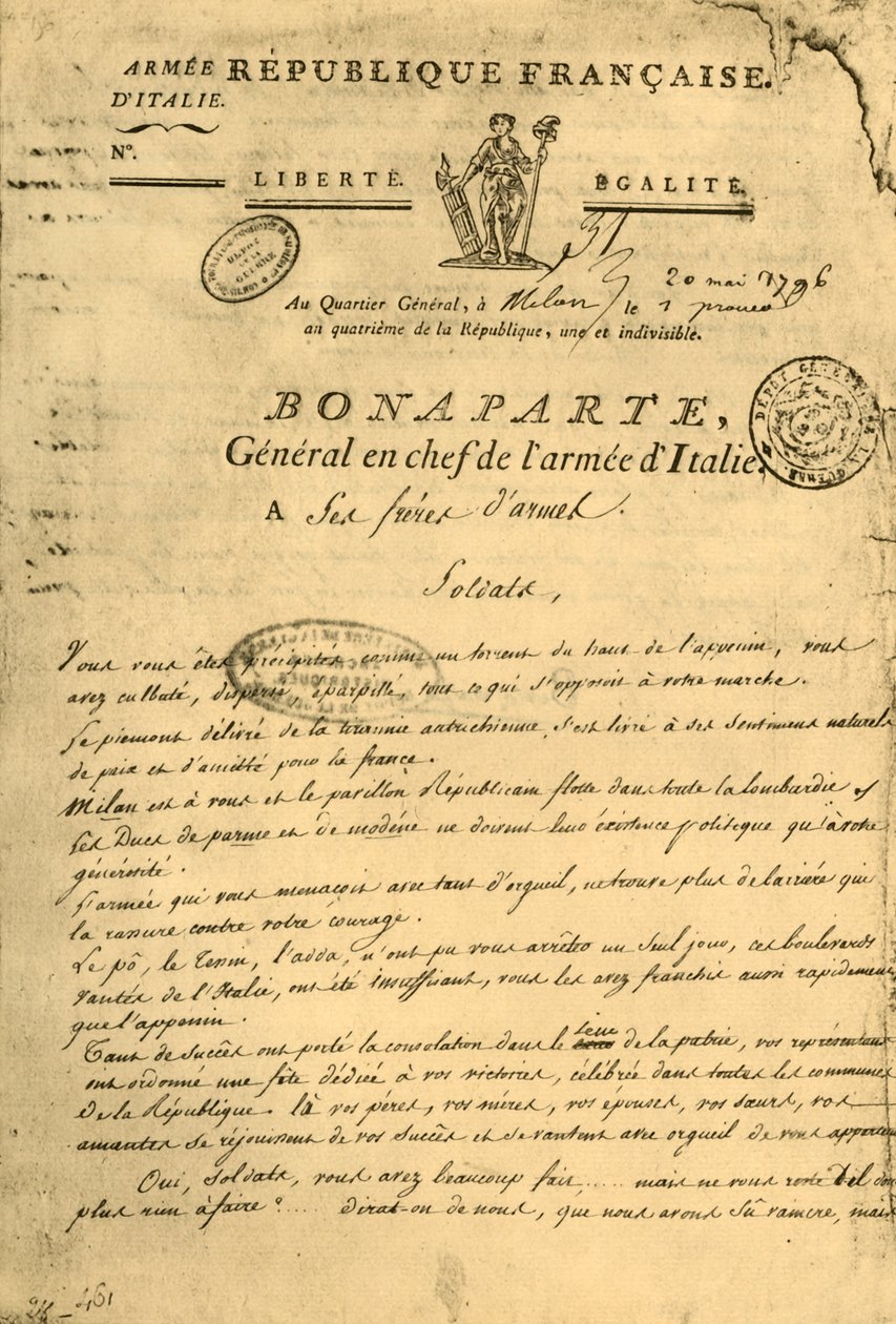 Proklamation Napoleons an seine Waffenbrüder, 20. Mai 1796, 1921 von Unbekannt