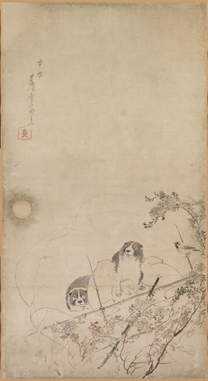 Welpen, Spatzen und Chrysanthemen, 1754-1799 von Unbekannt