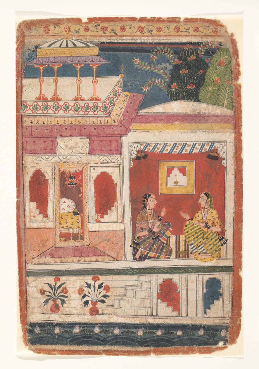 Radha und ihre Vertraute sitzen in einem offenen Raum: Seite aus einem verstreuten Rasikapriya, ca. 1680-90 von Unbekannt