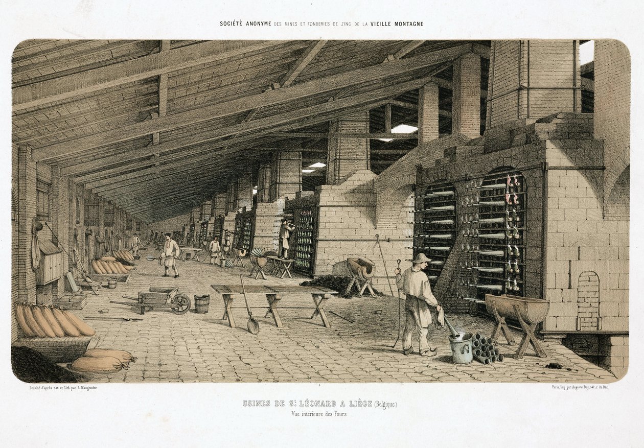 Verarbeitung von Rohstoffen, Metallurgieöfen in den Zinkwerken, St. Leonard, Lüttich, Belgien von Unbekannt