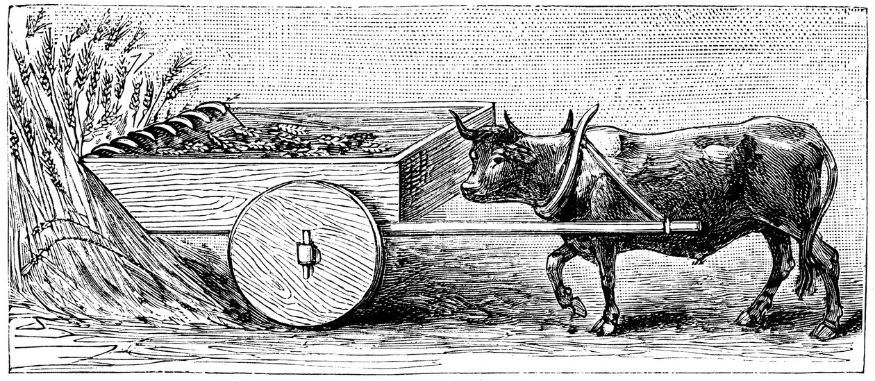 Rekonstruktion einer Erntemaschine, die im antiken Gallien zur Römerzeit verwendet wurde, wie von Plinius beschrieben, ca. 1890 von Unbekannt
