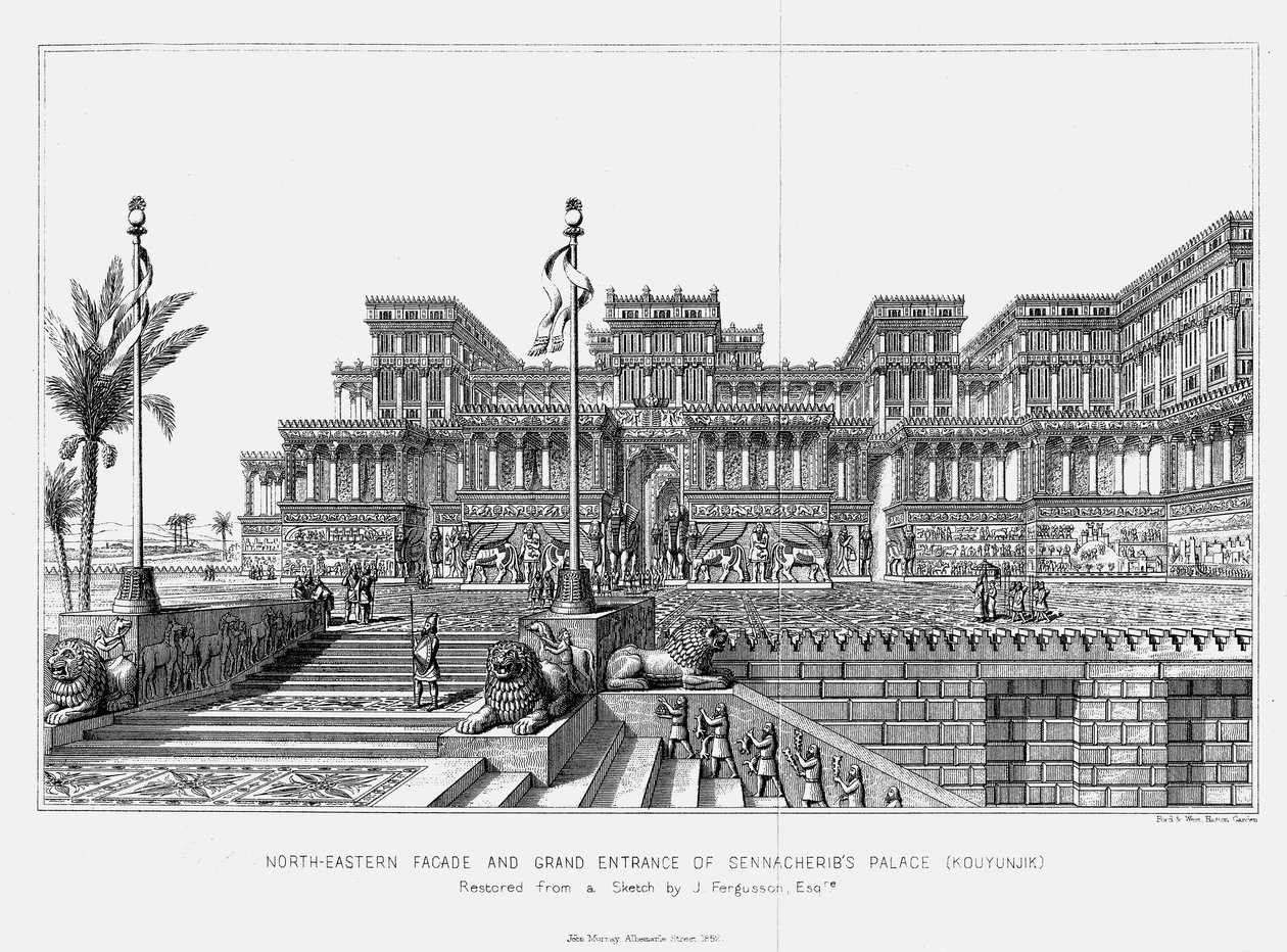 Rekonstruktion der nordöstlichen Fassade des Palastes von Sennacherib, Kouyunjik, Assyrisch, 1853 von Unbekannt