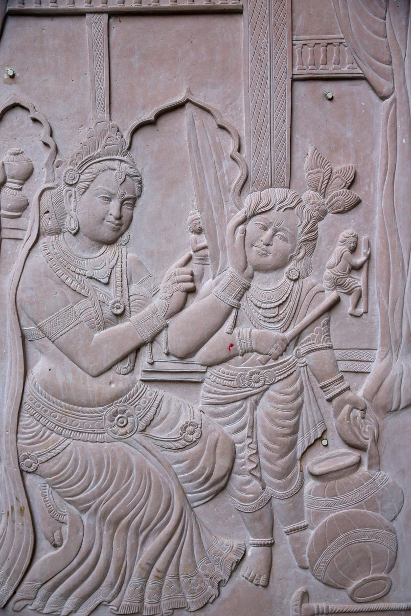 Relief, das den hinduistischen Gott Krishna mit seiner Stiefmutter Yashodha darstellt. Indien von Unbekannt