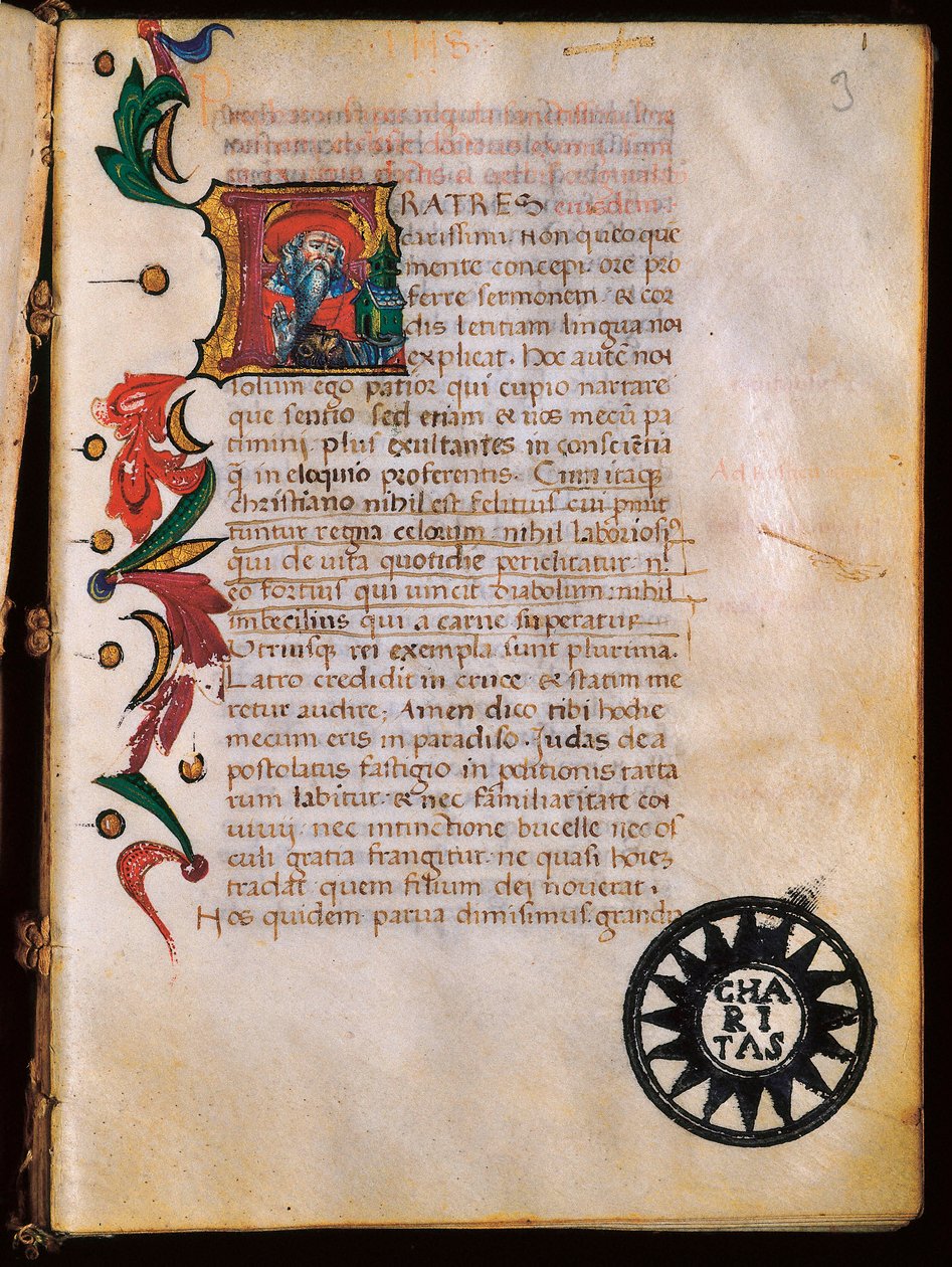 Darstellung des Heiligen Hieronymus (347-420), illuminierte Seite aus "Opuscola theologica" von Unbekannt