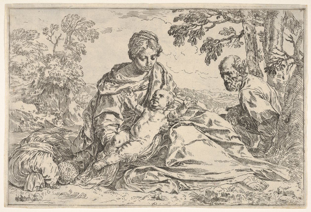 Ruhe auf der Flucht nach Ägypten, Maria hält das Jesuskind mit St. Joseph von Unbekannt