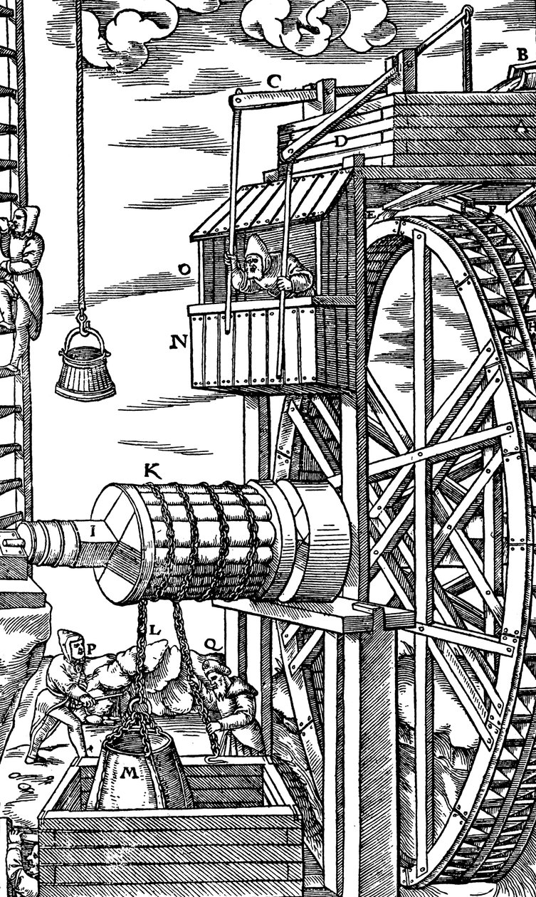 Umkehrbarer Aufzug zum Heben von Lederkübeln aus einem Minenschacht, 1556 von Unbekannt
