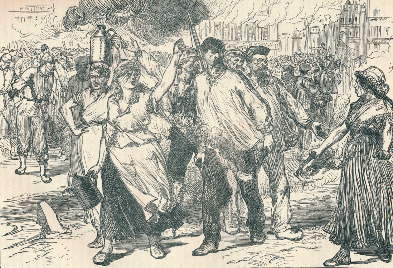 Aufständische und Petroleusen, die öffentliche Gebäude in Paris während der Pariser Kommune anzünden, 1871 von Unbekannt