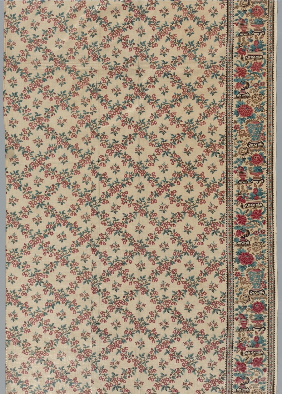 Rollenbedruckter, glasierter Chintz mit Blumen- und Vasenmuster, 1800er von Unbekannt