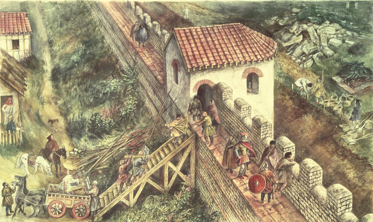 Römisches Bollwerk an der Stadtmauer, London, 4. Jahrhundert von Unbekannt