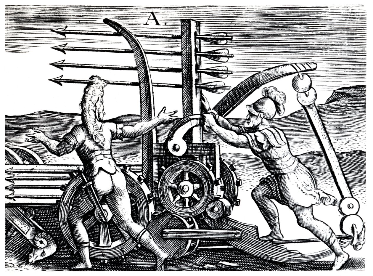 Römische Soldaten benutzen eine Kriegsmaschine, die mehrere Pfeile abschießt, 1605 von Unbekannt
