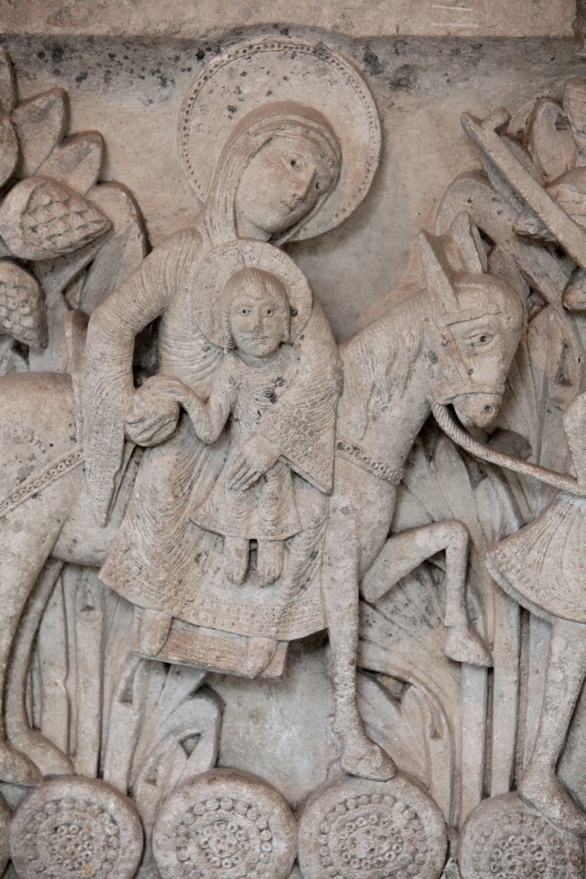 Romanisches Basrelief vom Kapitell in der Kathedrale von Autun, das die Flucht nach Ägypten darstellt, Autun, Frankreich von Unbekannt