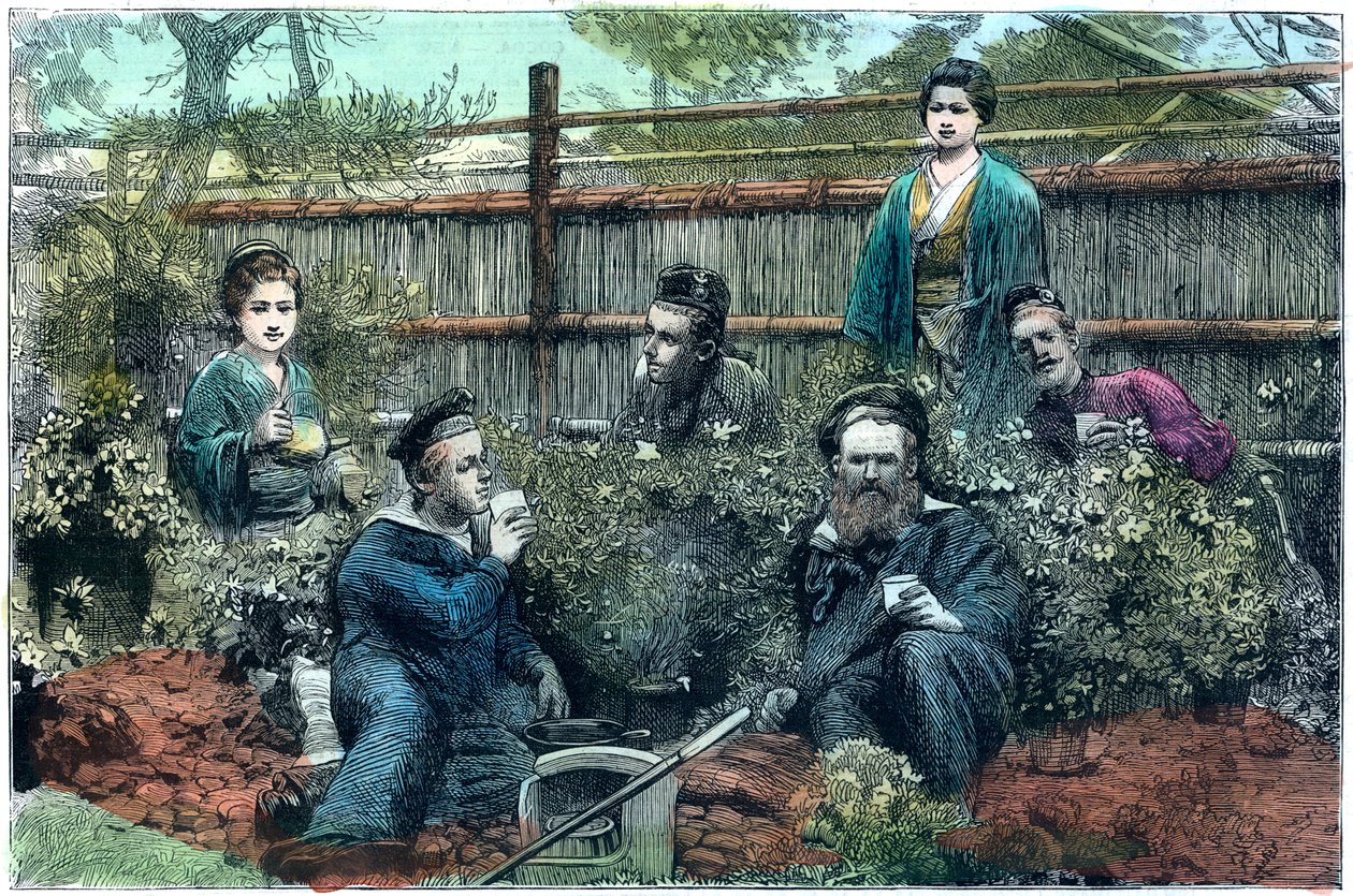 Matrosen der HMS Challenger trinken Tee in einem Teehaus in der Nähe von Yokohama, Japan, 1888 von Unbekannt
