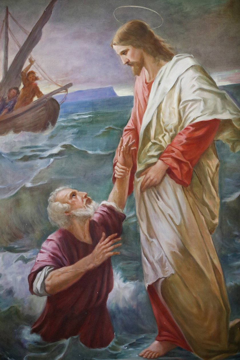 Kirche Saint-Grat. Gemälde. Petrus ging auf dem Wasser auf Jesus zu, aber er bekam Angst und begann zu sinken, und Jesus rettete ihn. Valgrisenche, Italien von Unbekannt