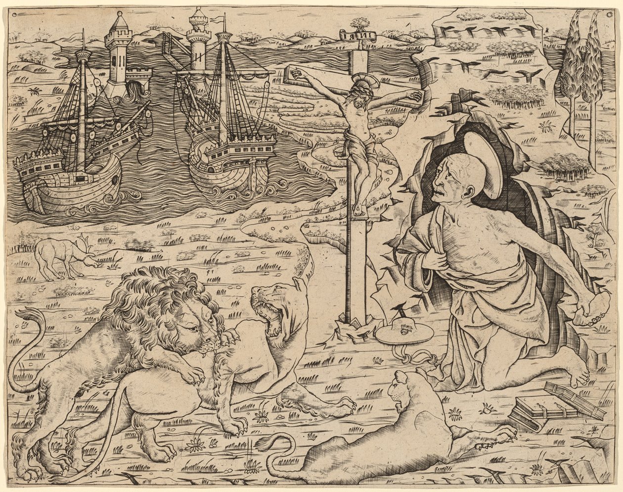 Heiliger Hieronymus in Buße, mit zwei Schiffen in einem Hafen, ca. 1480-1500 von Unbekannt