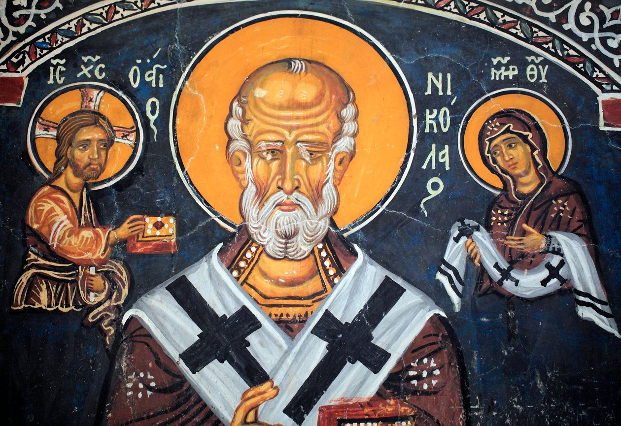 Der heilige Nikolaus umgibt Christus und Maria Byzantinisches Fresko aus dem 14. Jahrhundert (1332) Narthex, Südwand Phorbiotissa Jungfrauenkirche, Asinou UNESCO-Stätte Troodos-Region, Zypern von Unbekannt